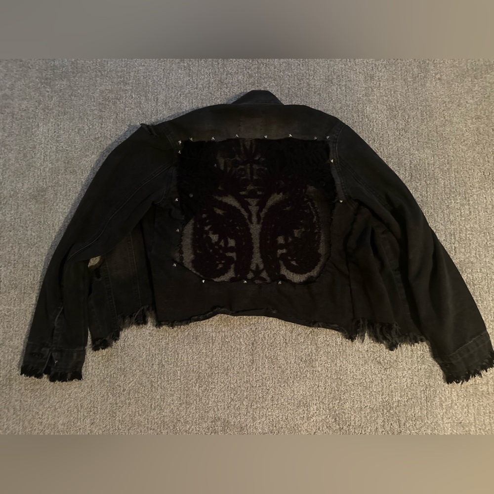 Black Distressed Denim Jacket with Skull Design